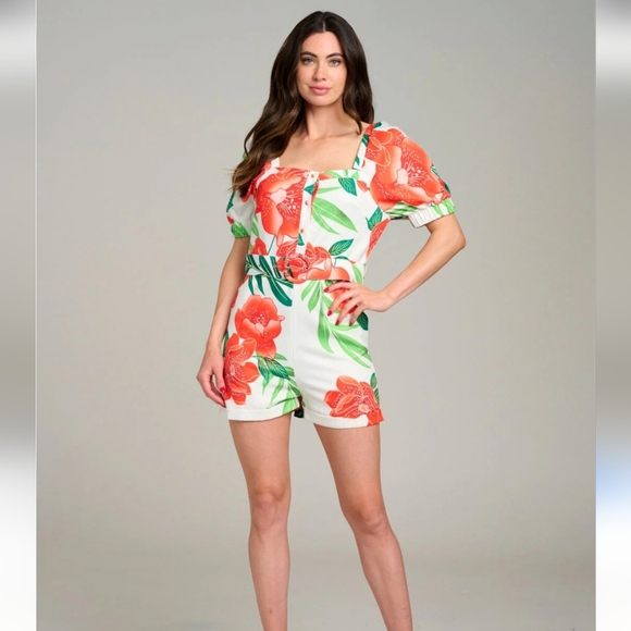 Tea and Cup Pants - Red and White Floral Belted Jumpsuit/Romper with Chic Design